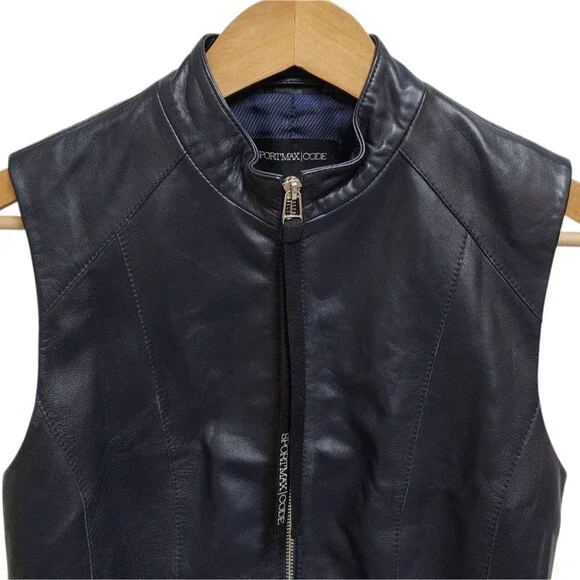 Sportmax Code Vest Womens Sz S Navy Leather Sleeveless Ribbed Hem